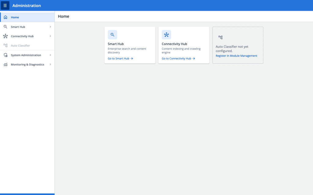 Unified Admin Platform home with the AutoClassifier module shown disabled in the left-hand navigation