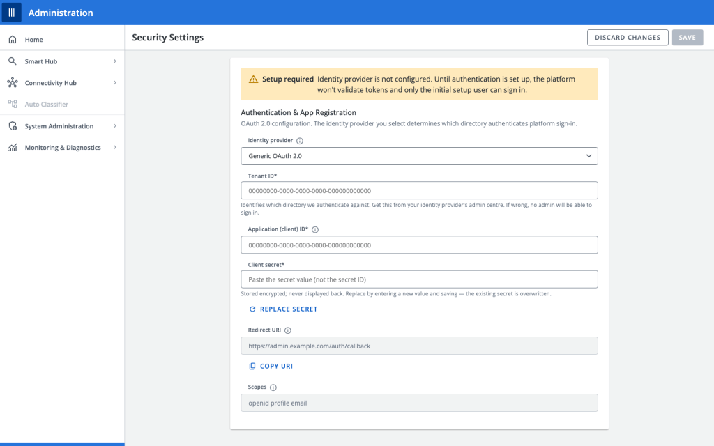 Unified Admin Platform security settings screen