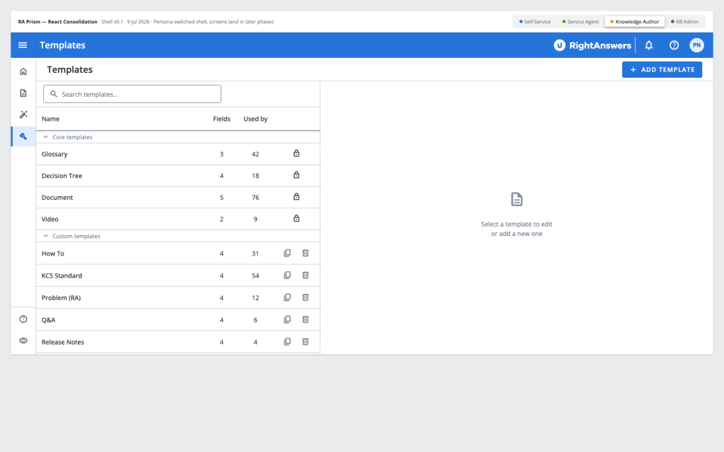 Prism templates screen