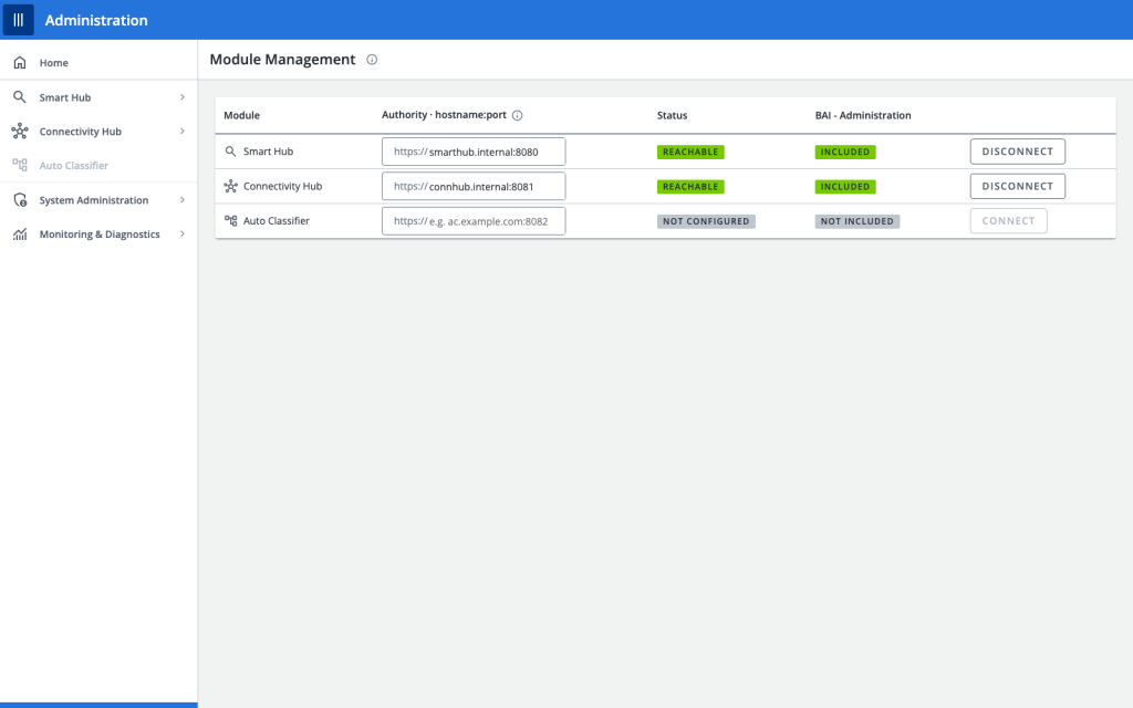 Module management screen using Connect and Disconnect actions