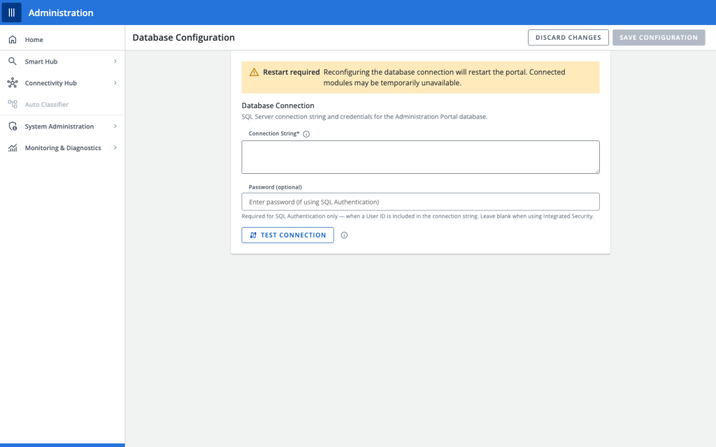 Unified Admin Platform database configuration screen