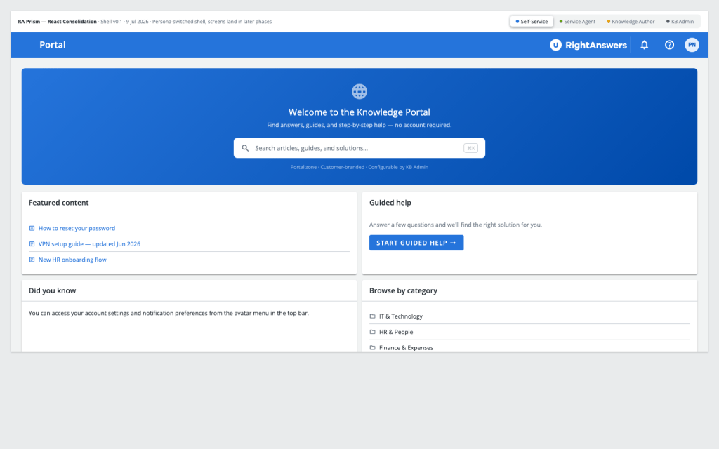 Prism self-service home screen