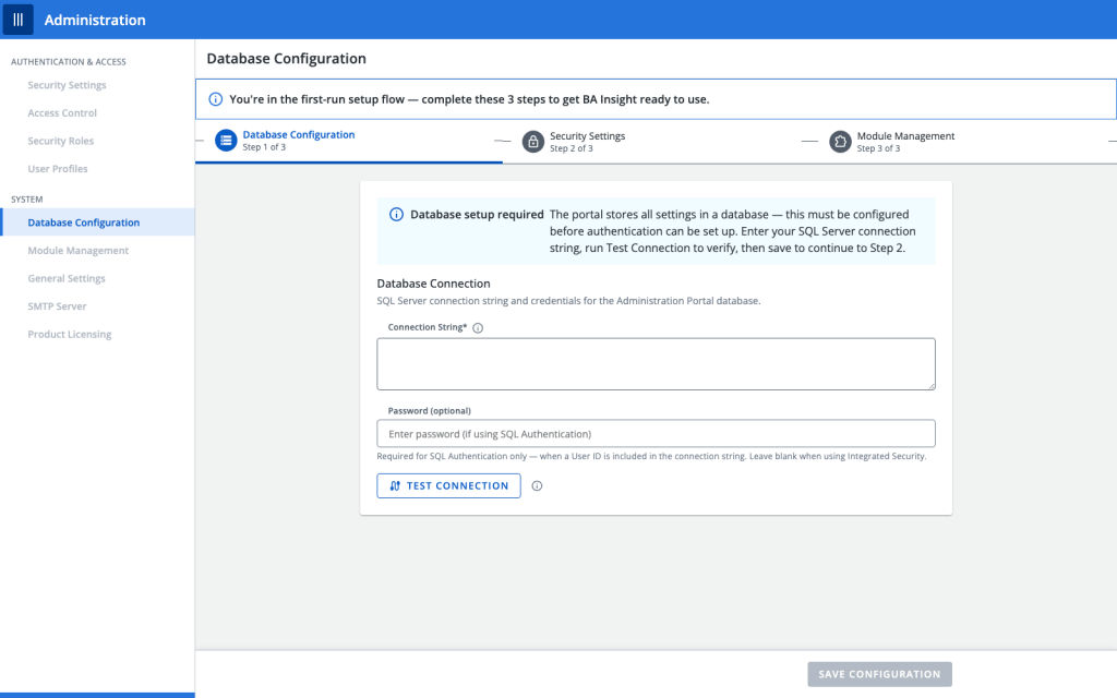 Setup journey step 1: database configuration