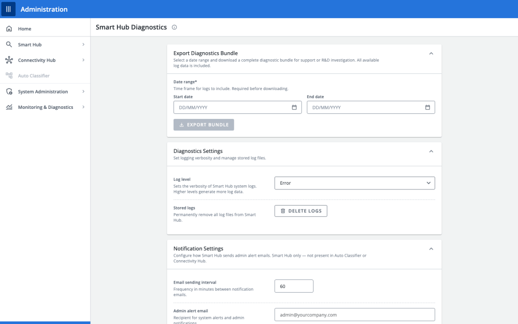 SmartHub diagnostics screen inside the unified platform
