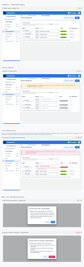 Low-fidelity prototype of module management with Add and Remove actions, before consolidation