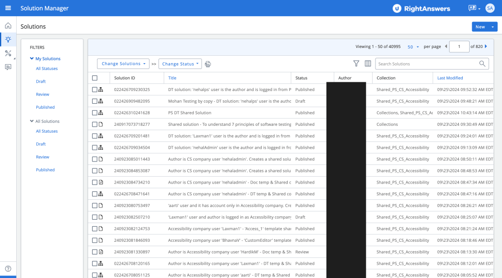 Legacy Solution Manager solutions list with customer details redacted