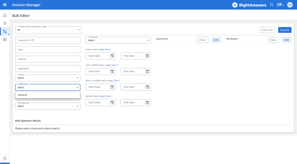 Legacy Solution Manager bulk editor with no content loaded