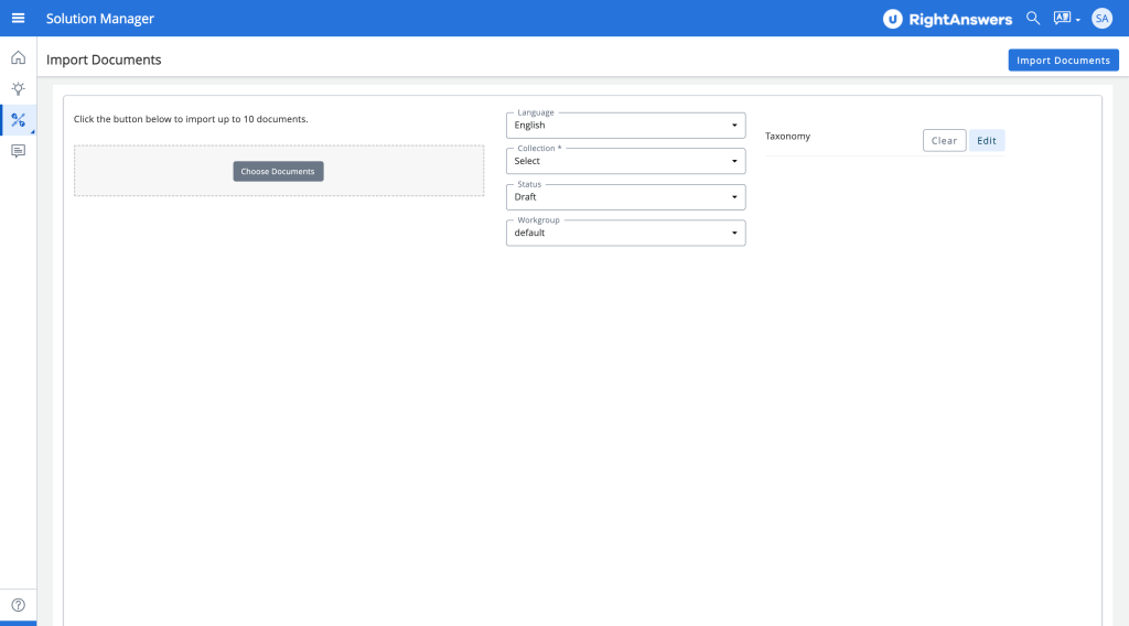 Legacy Solution Manager import documents screen with no documents